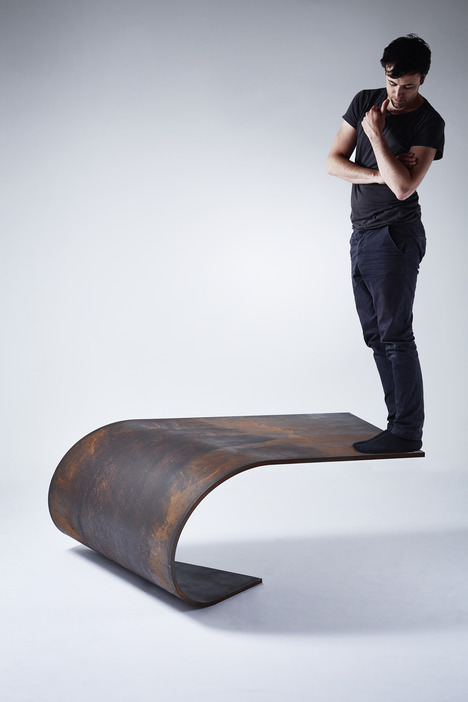 cjwho:
“ Poised Table by Paul Cocksedge
A thousand pounds of rolled steel, precariously balanced, or so it seems, Poised Table by Paul Cocksedge is actually so stable, you can stand on the tipping edge, thanks to the wonders of mathematical...