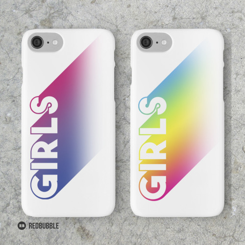 GIRLSthe word “girls” displayed sideways on two iPhone cases, one with a shadow colored with the bis