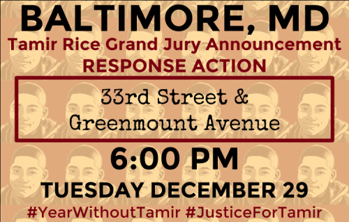 BALTIMORE, MD
TUE DEC 29 - 6:00 PM
33rd Street & Greenmount Avenue
Justice for Tamir Rice, Sandra Bland & all Victims of Police Terror
Tamir Rice was a 12 year old boy murdered by police officers Timothy Loehmann and Frank Garmback while playing with...