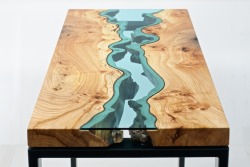 stuffguyswant:  Stunning Reclaimed Wood Infused with Glass RiversFurniture maker Greg Klassen’s River Collection includes a set of stunning intricately and handcrafted tables, which hold an embedded turquoise glass river, which runs through eace