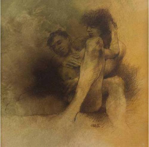 Lovers   -    Peter MaiGerman,b.192-pencil  ,acrylic ,clearcoat on pressed board, . 60 x 60 cm,