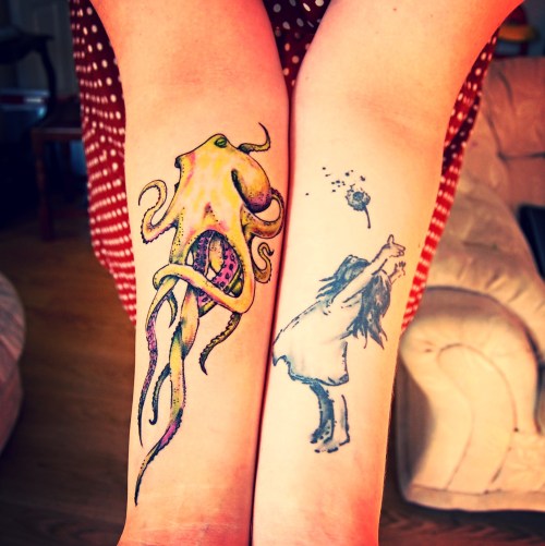 fuckyeahtattoos:My two beautiful girls. I had my octopus done on saturday after waiting for 4 years!