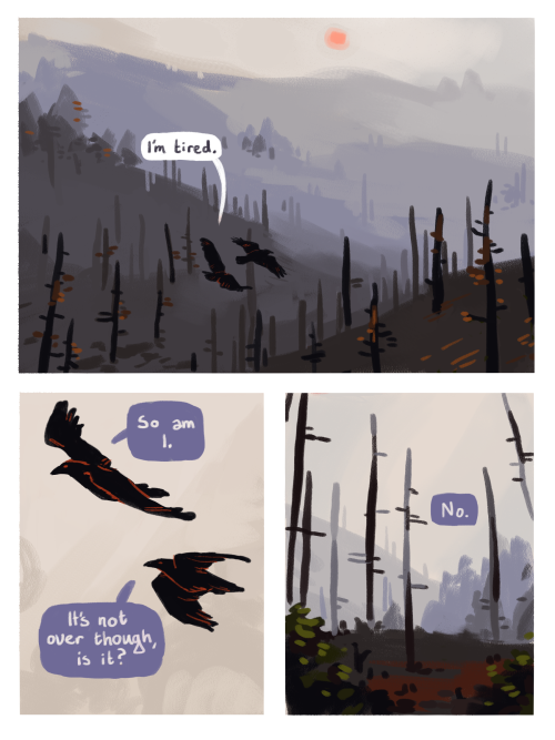 notwhelmedyet:catadromously:reasons.[image description: A webcomic. Two black birds fly over a hazy 