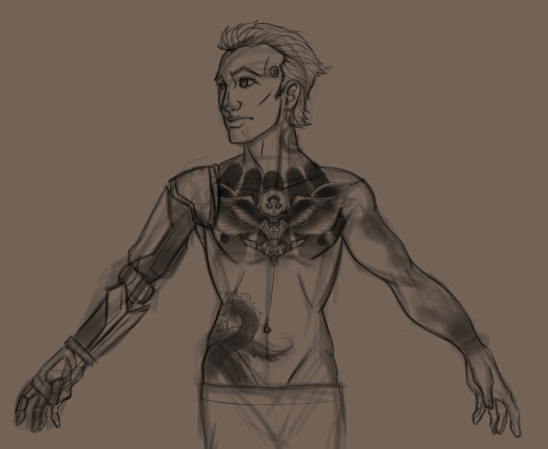 jackalopette:Just brainstorming some ideas for Rhys’ tattoos.  I imagine having a lot more than we c