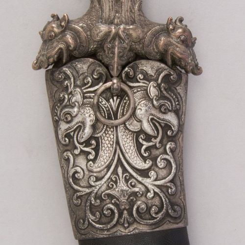 art-of-swords:  Siha Kaetta Dagger with Sheath Dated: circa 1700 Culture: Sri Lankan Medium: silver, shark skin Measurements: H. with sheath 12 5/8 in. (32.1 cm); H. without sheath 12 1/4 in. (31.1 cm); H. of blade 7 in. (17.8 cm); W. 2 5/8 in.