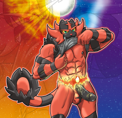 phenombear:   Pokemon Sun and Moon aren’t available in the UK for another 2 days, so I put together some Incineroar fanart. I mean….Decidueye is my guy all the way, but Incineroar deserves some love.  