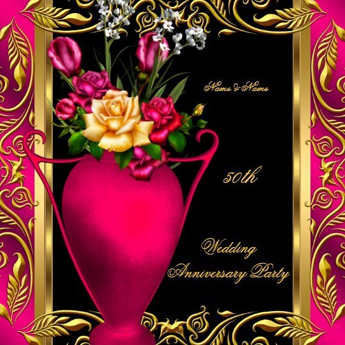 50th Anniversary Elegant Pink Red Rose Cream Gold Personalized Invite