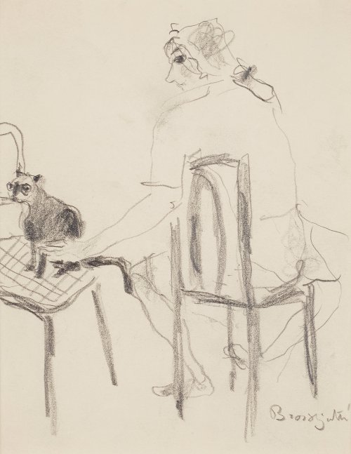 Woman and Cat    -   Bror Hjorth,  1922. Swedish  1894-1968Pencil 19.5 x 15 cm.