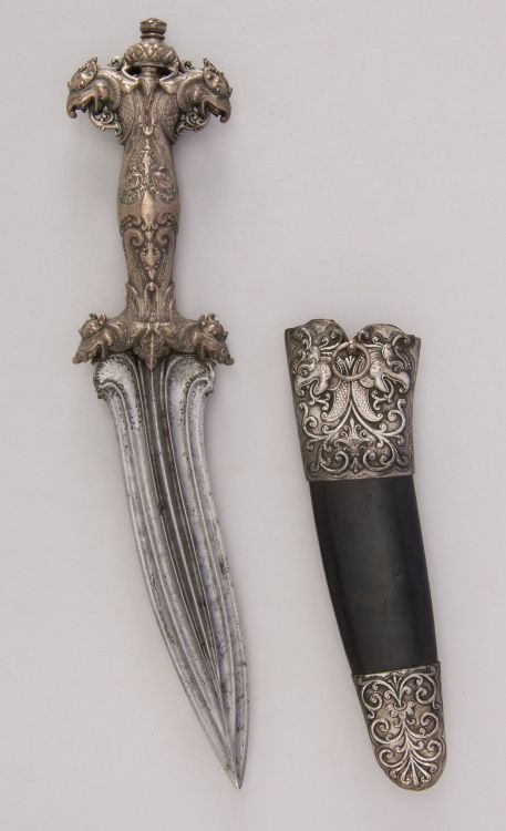 art-of-swords:  Siha Kaetta Dagger with Sheath Dated: circa 1700 Culture: Sri Lankan Medium: silver, shark skin Measurements: H. with sheath 12 5/8 in. (32.1 cm); H. without sheath 12 1/4 in. (31.1 cm); H. of blade 7 in. (17.8 cm); W. 2 5/8 in.