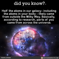 did-you-kno:  Half the atoms in our galaxy– including   the atoms in your body – likely came   from outside the Milky Way. Basically,   according to research, parts of you   came from across the universe.   Source Source 2 Source 3