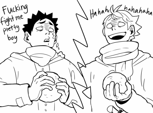 flunflun:  Iwaoi Christmas week day 1: snowball fights / snowmen “Snooru” is supposed to be a mixture of snow (man) + Tooru lmao… Also didn’t have time to colour this but I’ll try and fix that before Christmas maybe ;u; 