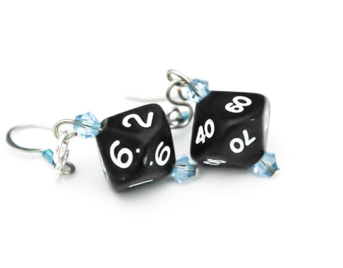 Black with Blue Swarovski Crystals Dice Earrings D10s -RPG, Nerd, Geekery, Dice Jewelry