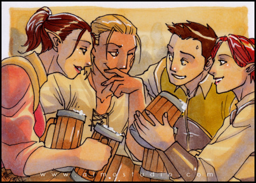 aimosketchcard:PSC - Warden!Tabris, Zevran, Soris, and Shianni from Dragon Age: Origins.Commission i