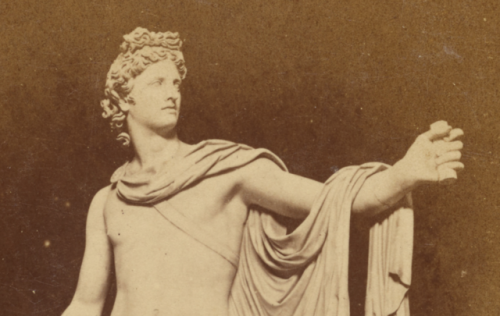 Detail of an antique photograph of the Apollo Belvedere, a 2nd century CE Roman marble copy of an or