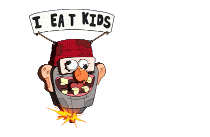 transparent-gravity-falls-gifs:The crashing and burning “I EAT KIDS” balloon of Grunkle Stan from S2