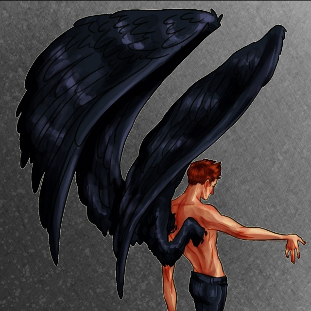 A back view of Crowley, from Good Omens. He is extending his right arm/hand in a theatrical gesture. He is shirtless, and his huge black wings take up most of the picture. He has short red hair.