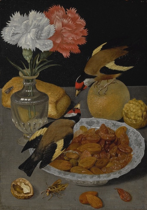 oldpaintings:Still-Life of a Roll, Glass Vase of Carnations, an Orange, Walnuts, and a Bowl of Almon