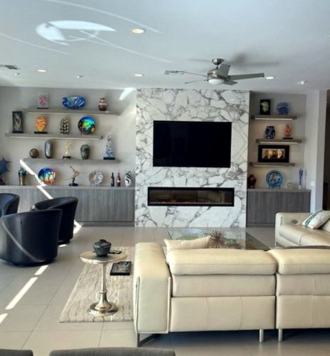 Formal Living RoomExample Of A Formal, Open-concept, Mid-sized Living Room With White Walls, A Ribbon