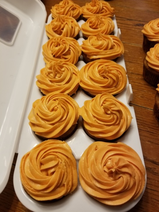 Homemade Apple Cinnamon Cupcakes with Apple Cider Frosting for a Harvest Moon Dessert Party @celticknot65 and I are attending tonight. Only my second time using a piping bag, and I think they look “rustic” pretty, lol. Hopefully my skills