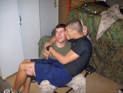 dippinfan:  somemenarejustbetter:  They can play it off as just goofing off, but the reality is this boy has wanted to sit on that man’s lap since they met.    no shit, man. I’d sit on that soldier, too. Visit the archives the next time you’re