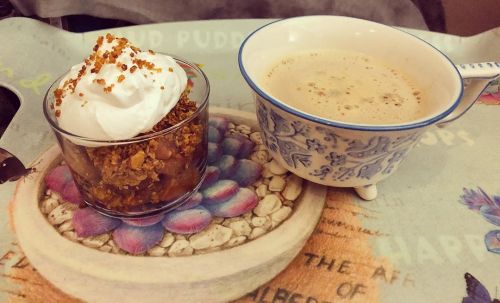 Homemade apple crumble with hand whipped vanilla cream and a latte #sweettreats #cooking #cookingath