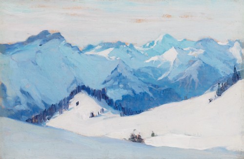 Villars Suisse   -   Clarence Gagnon 1911.Canadian, 1881-1942Oil om panel,  5.9 x 9.1 in.    15 x 23