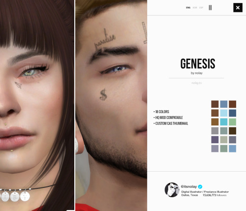 inolay: GENESIS 18 available colors HQ Mod compatable Located under “Face Paint” - 