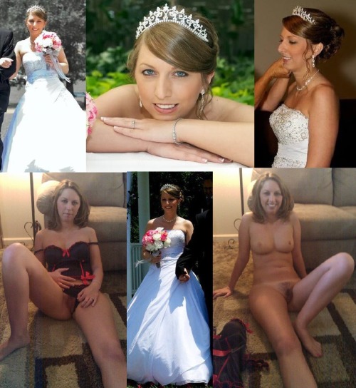 bridesandwives: Sexy Bride dressed in wedding and undressed, spreading her legs wide to share her pu