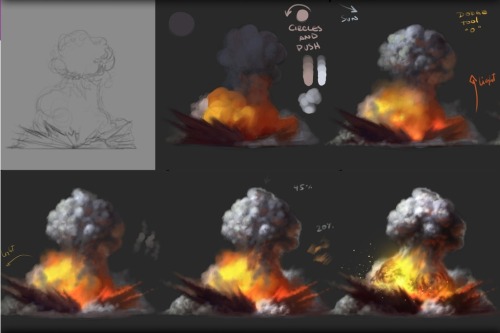 storyboard-sketch:  anatoref:  Explosion Tutorial!Top Image & Row 4Row 2: Left, Right (Video)Row 3Row 5: Left, Right, by Alex RedfishBottom Image  OMG THANK YOU 