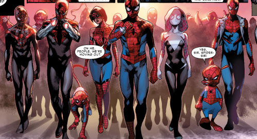 superheroes-or-whatever:  Ain’t nobody fuckin’ with my clique Amazing Spider-Man (2014-) #11 art by Olivier Coipel