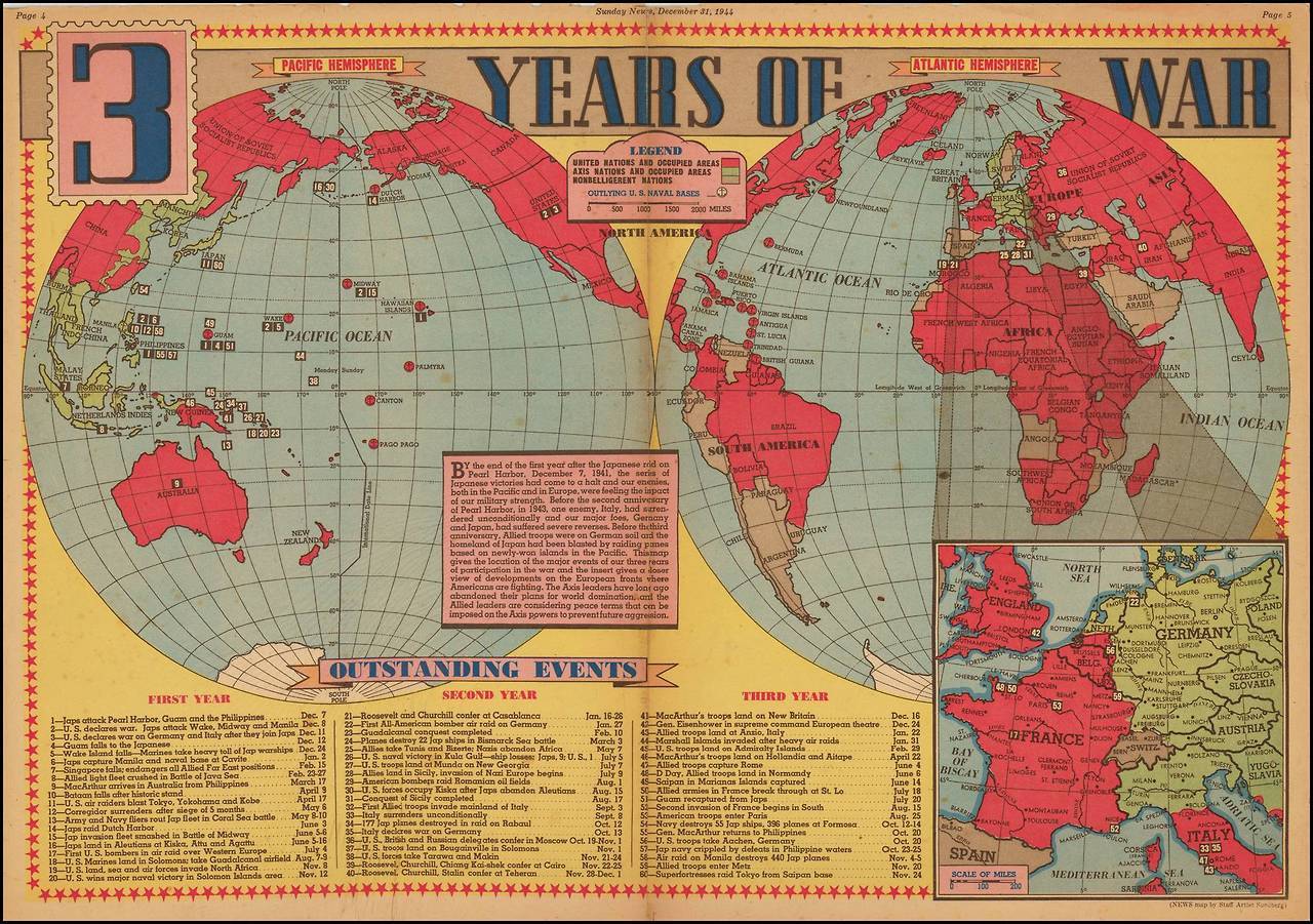 3 years of war, 1944.
[[MORE]] globalis:
“This map was published in the American newspaper New York Sunday News on december 31, 1944.
Drawn by Edwin L. Sundberg, this map provides a graphic account of the War, with “Outstanding Events” noted on a...