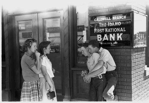 wlwvintage:A gay couple and a lesbian couple outside the bank, Idaho, United States, 1941 by Russell