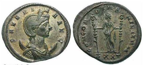 ancientcoins:Severina Billon Antoninianus. Ticinum, AD 275. SEVERINA AVG, Diademed bust right, drape