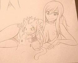 kitsune23star:  1. Lucy takes Natsu to the beach and he makes a sand castle for her. 2. Lyon and Gray try to catch the biggest fish to give to Juvia but it looks like Gray lost this round. 3. Not much to explain other than Erza snuggling Jellal in her