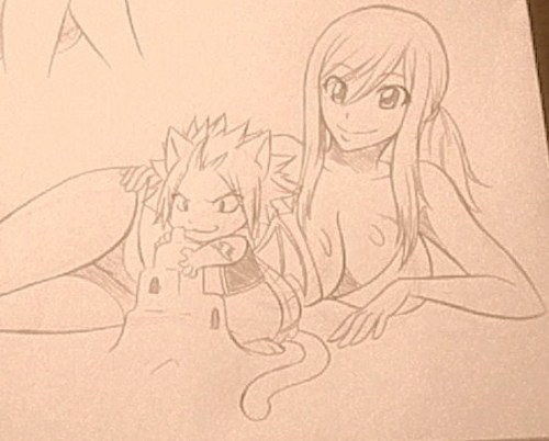kitsune23star:  1. Lucy takes Natsu to the beach and he makes a sand castle for her. 2. Lyon and Gray try to catch the biggest fish to give to Juvia but it looks like Gray lost this round. 3. Not much to explain other than Erza snuggling Jellal in her