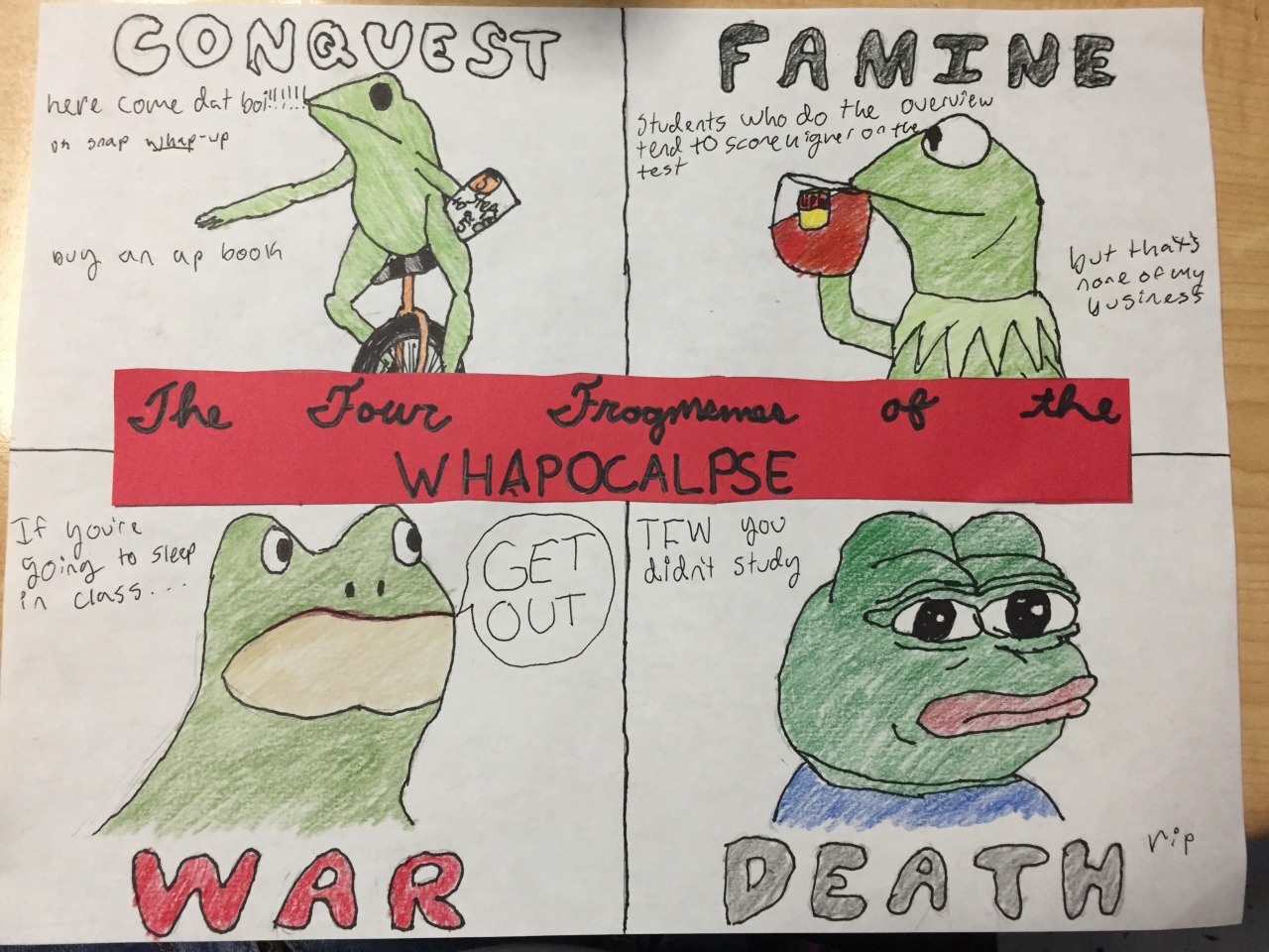 mollylikespie99:
“ In my AP World History class, we had to make a poster reflecting on our year and giving tips to the students next year, and the project had to correlate with World History. So, I made the four horsemen of the apocalypse from...