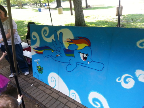 We made this mural for our friend’s kid’s birthday. She was having a Rainbow Dash themed birthday party, so we saw fit to give her the biggest present we could.