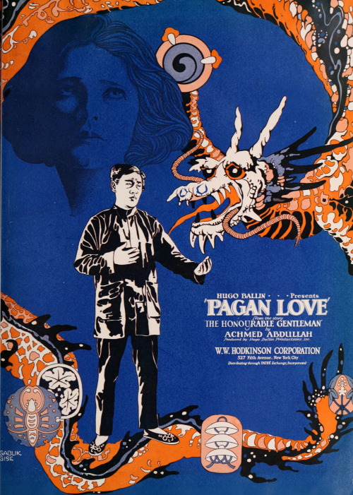 Advertisement for Pagan Love, starring Togo Yamamoto and Mabel Ballin, with art by Gablik Gise. A co