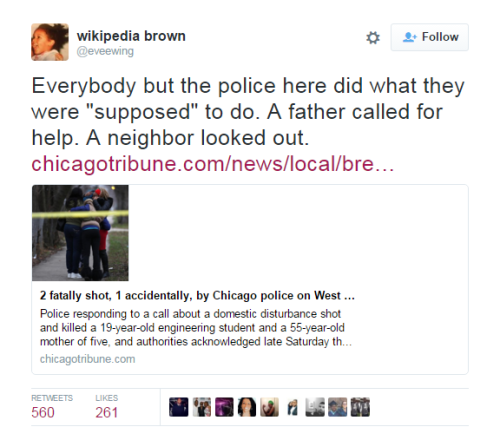 blackourstory:lagonegirl:4mysquad:A Chicago police officer arriving at the scene of a domestic distu