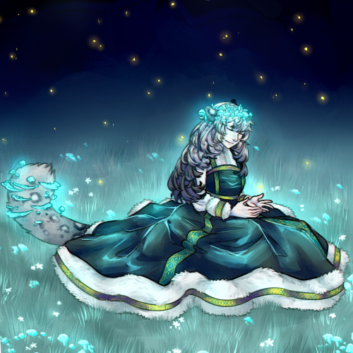 quietspell:sublunar.Gift for @twgp, lov me some soft bioluminescent cats …mushroom mom! she looks so