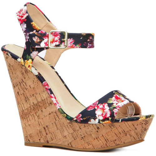 CiCiHot Floral Print Faux Leather Cork Wedges