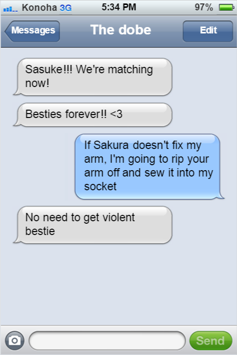 textingninjasofkonoha:  Sasuke isn’t really happy about his lost arm. In honor of Chapter 698.