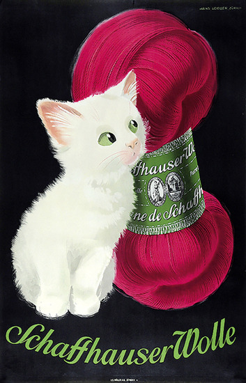 vintagepromotions: Shafthauser Wolle advertisement featuring a white kitten and some pink yarn (1957