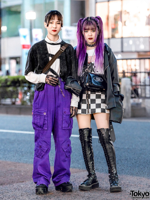 Japanese teens Harubo and Megumi on the street in Harajuku wearing vintage fashion, Japanese, and Ko