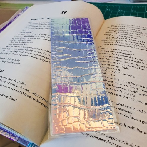 6th copy of BM/BS, this time with an opalescent scaly cover with matching laminated bookmark.