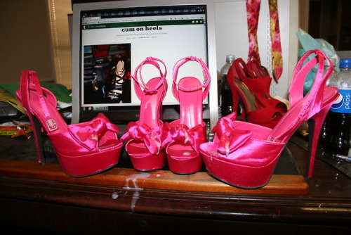 cumonheelsblog: My hot  pink heels and her 5.5 heels all satin and hot cum !