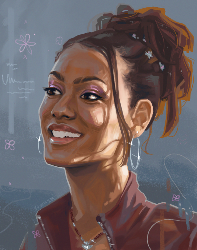 Fanart of Martha Jones in the red jacket and hooped earings from her first few episodes. Its a close-up of her face, cutting off under her shoulders.