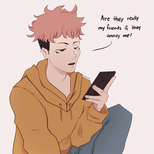 pepijopa:  Thanks,Satan.[ID: Three part short comic of the same character, he has pale skin and short pink hair, wearing a yellow hoodie and is holding a phone. First panel is him saying “Are they really my friends if they annoy me?”,second panel