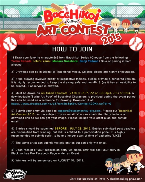 Hi Guys! In line with the recent Bacchikoi expansion release, we have made an art contest for you guys, and everyone is invited to join in!We have lots of amazing prizes in store for you! In addition to the winners, all participants will have a guaranteed prize at the end of the contest!To join, just follow this link: https://www.dropbox.com/s/z37tcnr8ts8q6by/Contest%20Kit.rar… You can download further instructions for this contest from there.We thank you for your ever continuing support!  -BMP crew smileFor further questions and inquiries, please visit our website at https://blackmonkey-pro.com and/ or our facebook page. thank you! #black monkey pro #bacchikoi