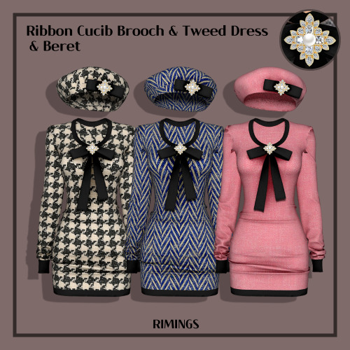  [RIMINGS] Ribbon Cucib Brooch & Tweed Dress & Beret - DRESS / HAT- NEW MESH- ALL LODS- NORM